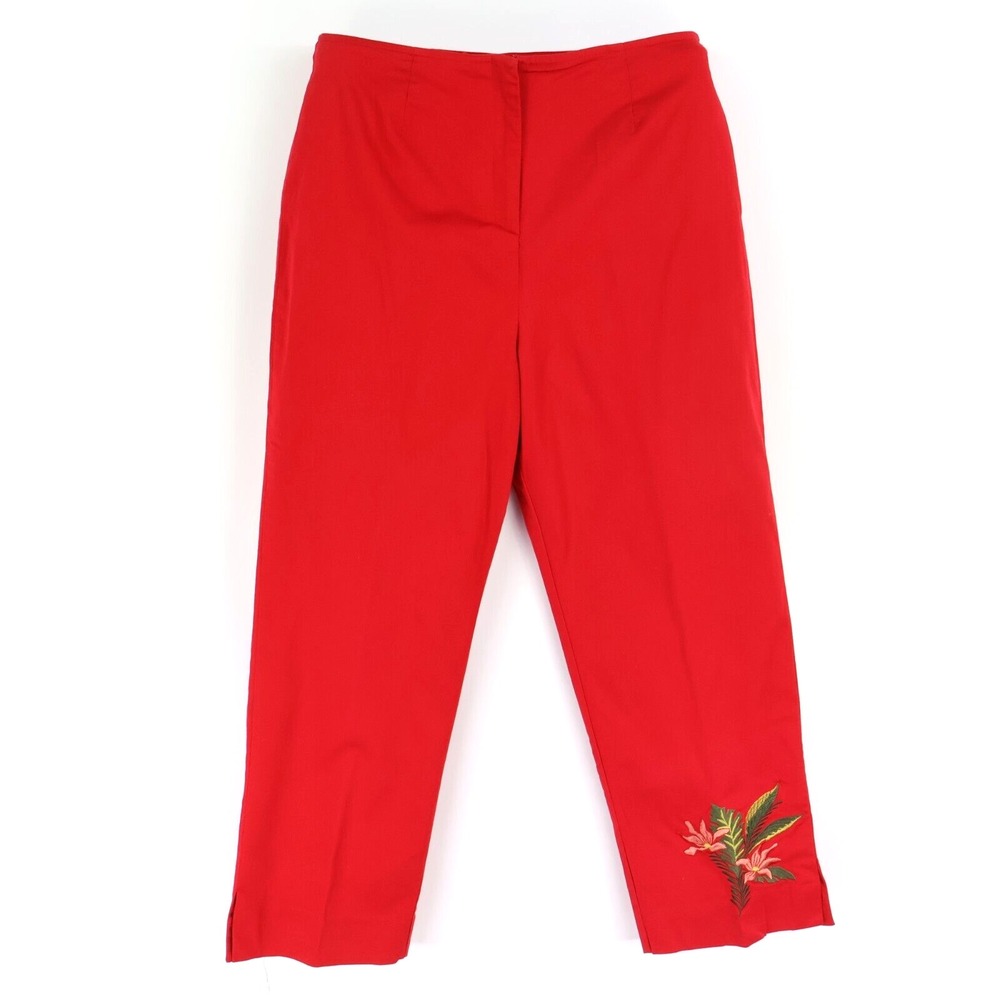 Ilyse Hart LTD Ankle Pants High Rise Womens 12 Red Embroidered Flower Flat Front